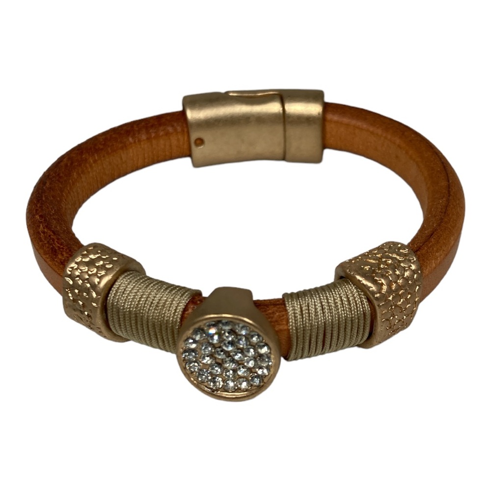 Brown Leather Bracelet with Gold  and Clear Crystals